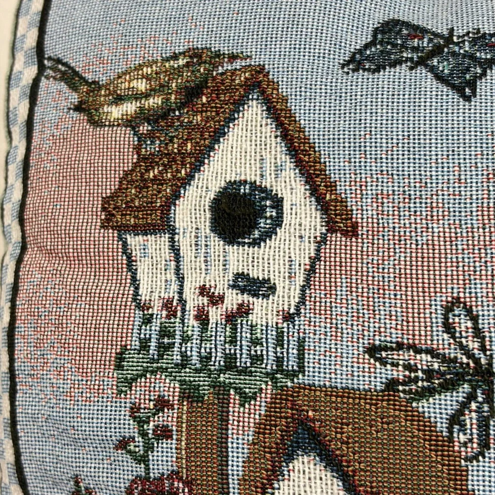 Vintage Woven Tapestry Birdhouse Throw Pillow Garden Cottagecore Blue 16x15